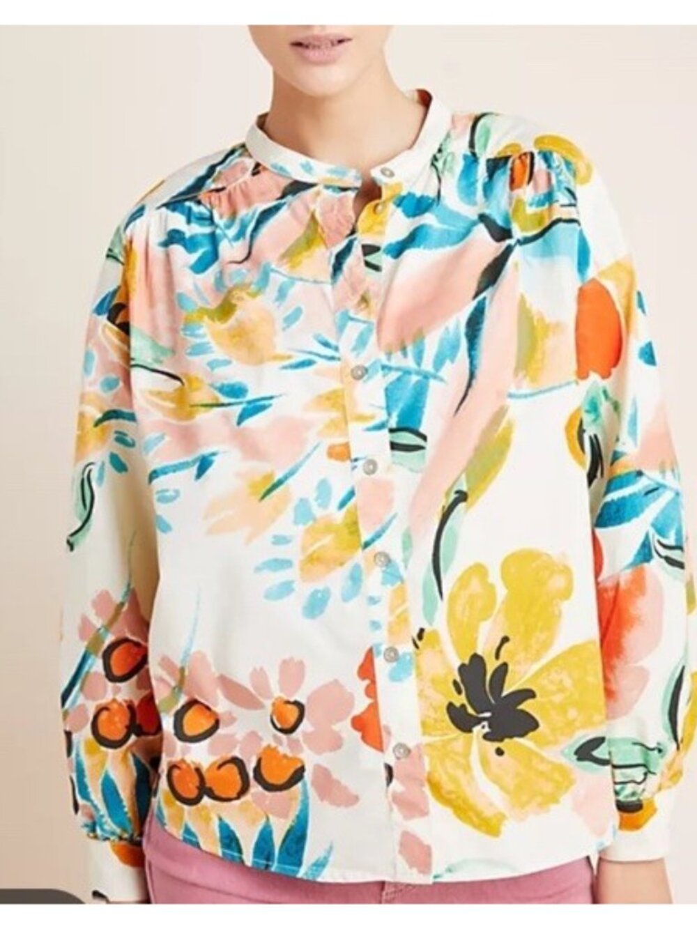 Anthropologie Womens Small Crisanta Poplin Button Down Floral Blouse Shirt Top